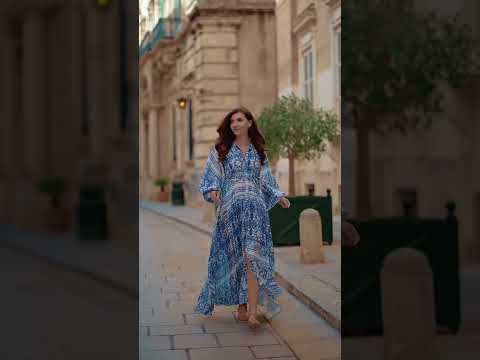 Blue Tile Printed Full Pleats Button Down Asymmetric Maxi Dress