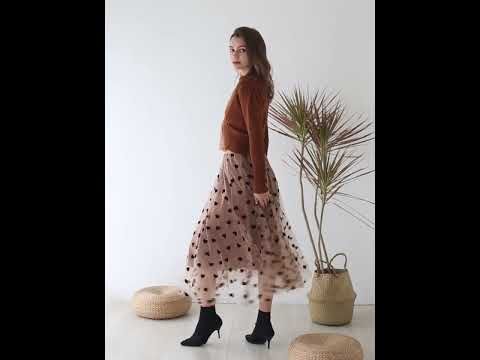 3D Heart Double-Layered Mesh Maxi Skirt in Caramel