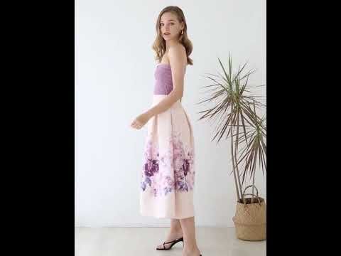 Lavender Peony Print Embossed Midi Skirt