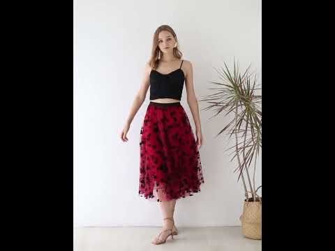 3D Posy Double-Layered Mesh Midi Skirt in Red
