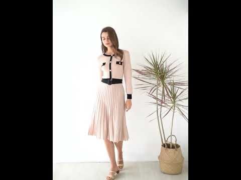 Belted Contrast Color Pleated Knit Dress