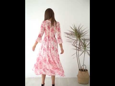 Flounced Cuffs Floral Print Chiffon Wrap Dress