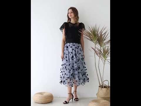 3D Posy Double-Layered Mesh Midi Skirt in Dusty Blue