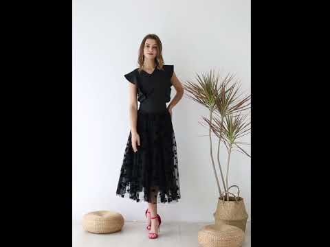 3D Posy Double-Layered Mesh Midi Skirt in Black