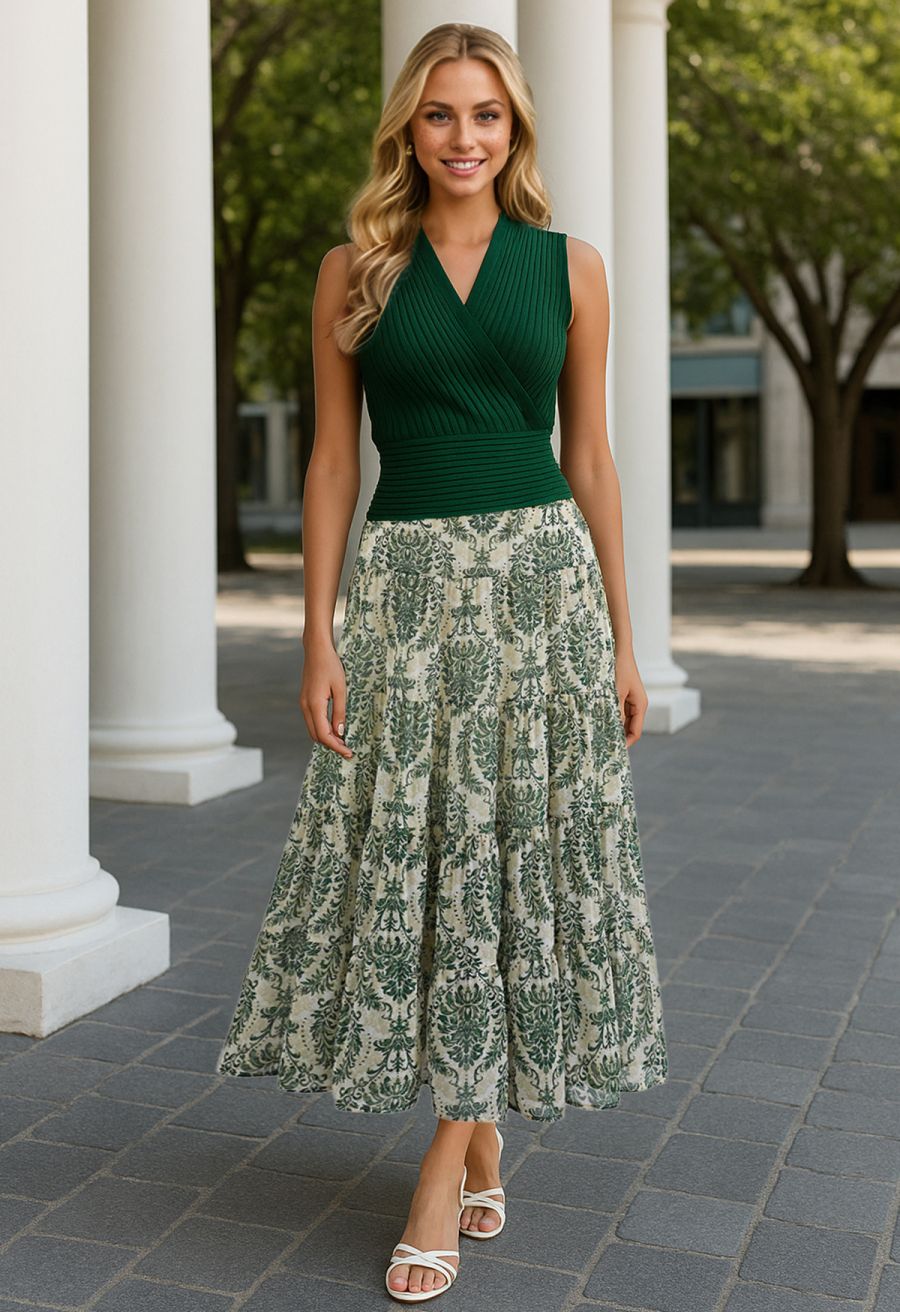 Green Damask Printed Tiered Chiffon Maxi Skirt
