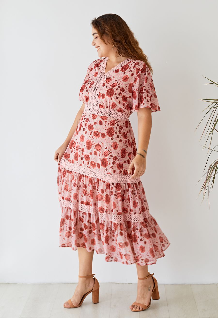 Red Floral Crochet Frilling Chiffon Dress