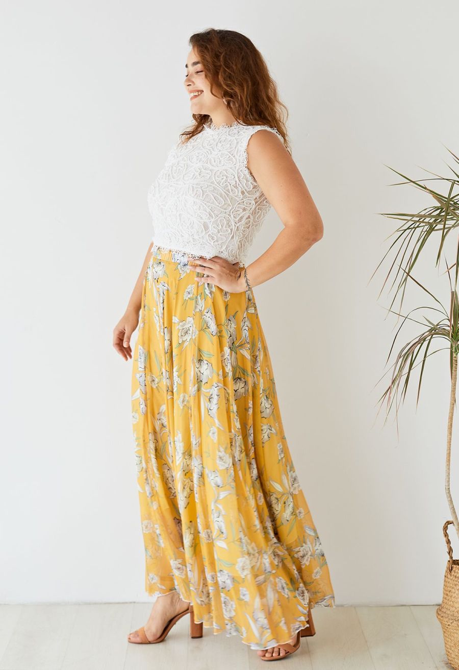 Flower Season Chiffon Maxi Skirt in Yellow