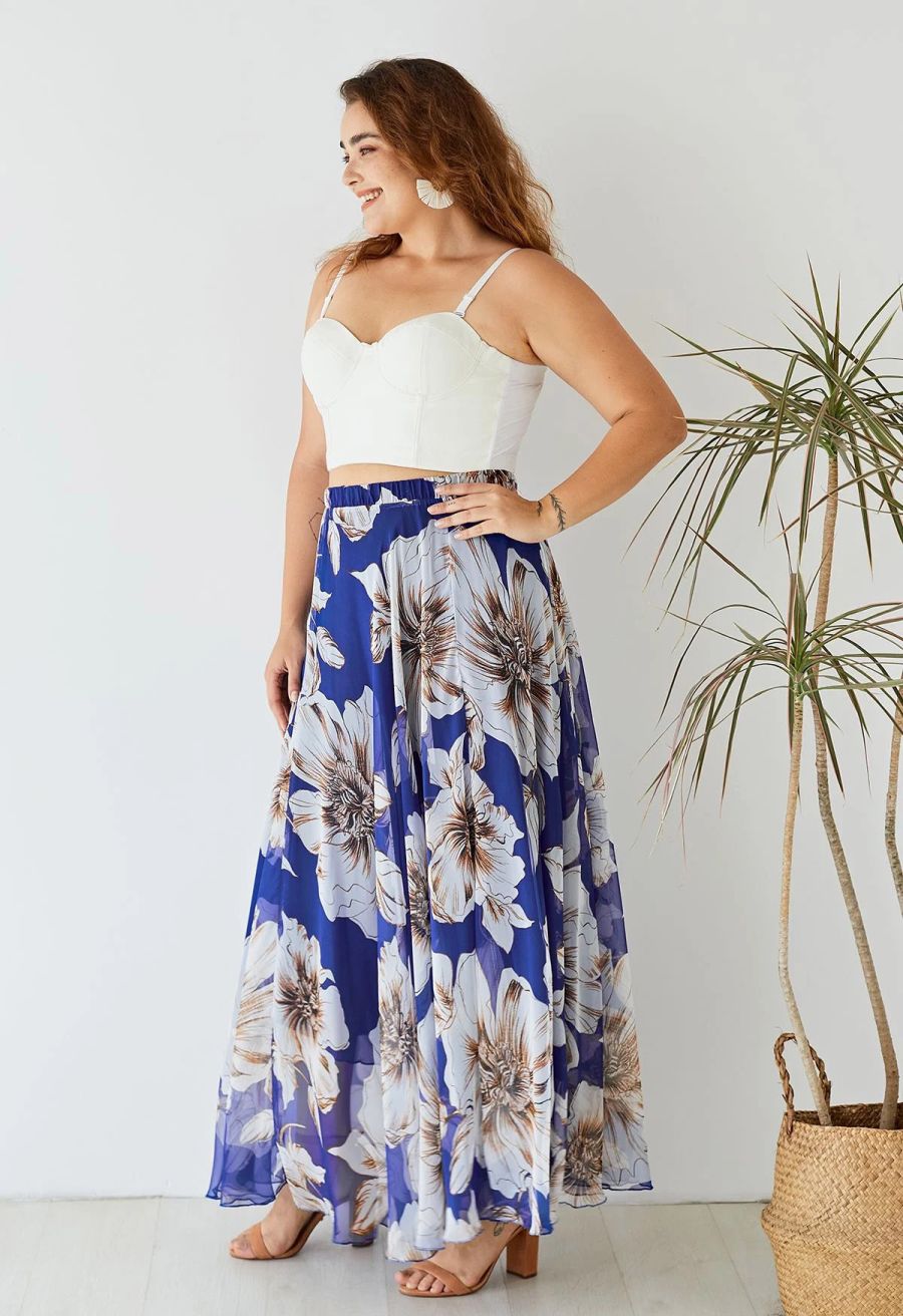 Marvelous Floral Maxi Skirt in Blue