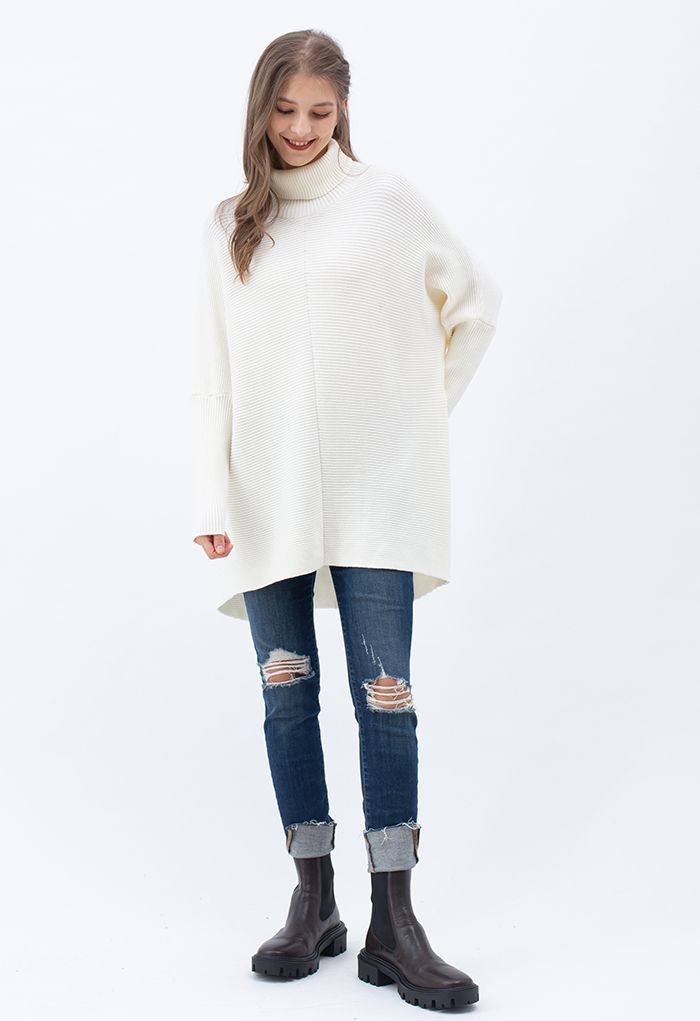 Effortless Chic Turtleneck Batwing Sleeve Hi-Lo Sweater in White