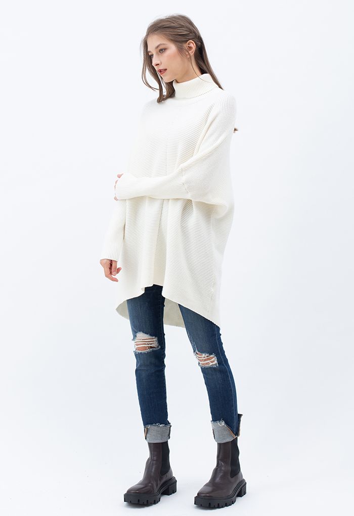 Effortless Chic Turtleneck Batwing Sleeve Hi-Lo Sweater in White