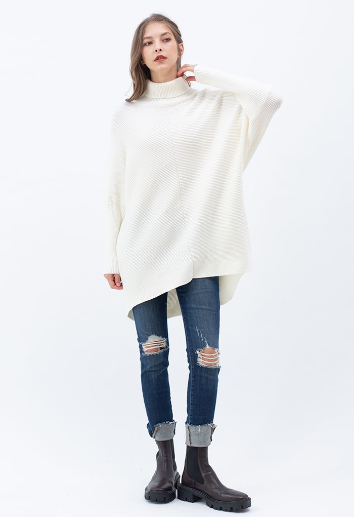 Effortless Chic Turtleneck Batwing Sleeve Hi-Lo Sweater in White