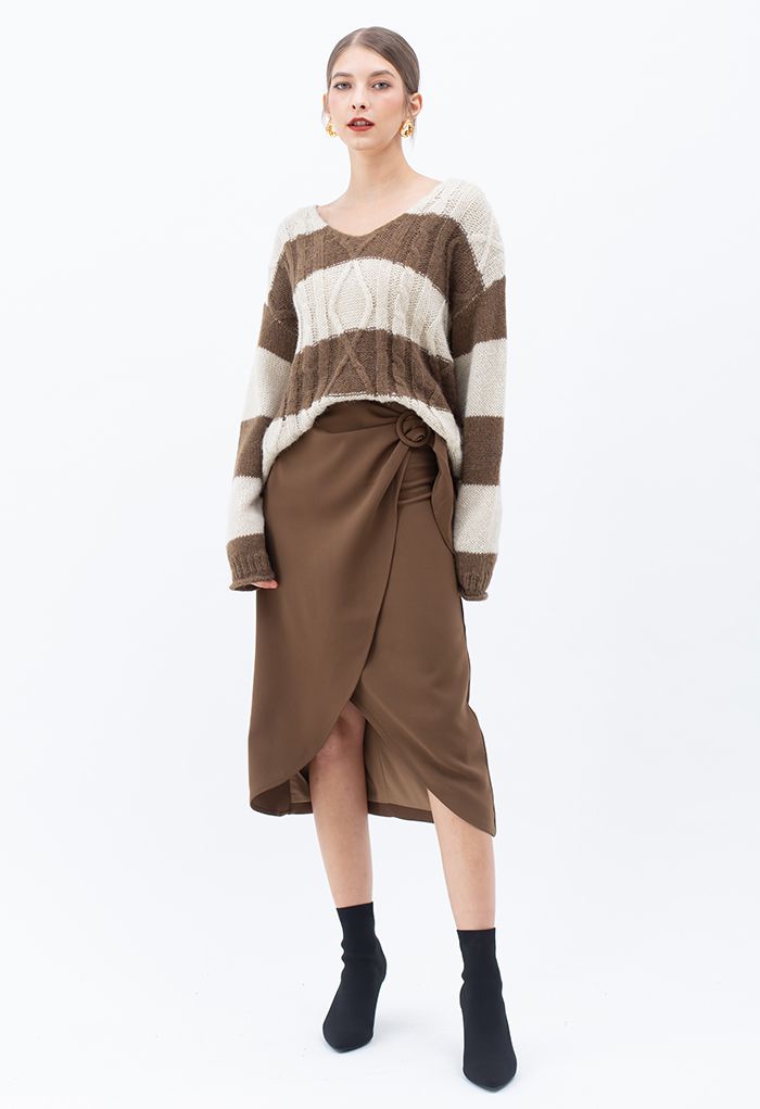 Flap Front Knot Side Midi Petal Skirt in Caramel
