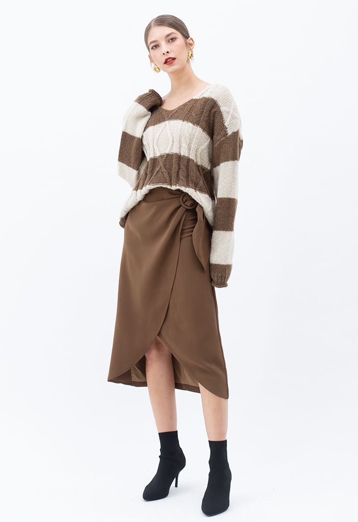 Flap Front Knot Side Midi Petal Skirt in Caramel