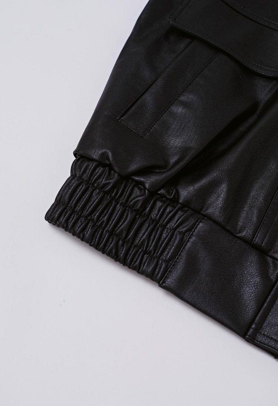 Fake Flap Pocket Faux Leather Jacket in Black