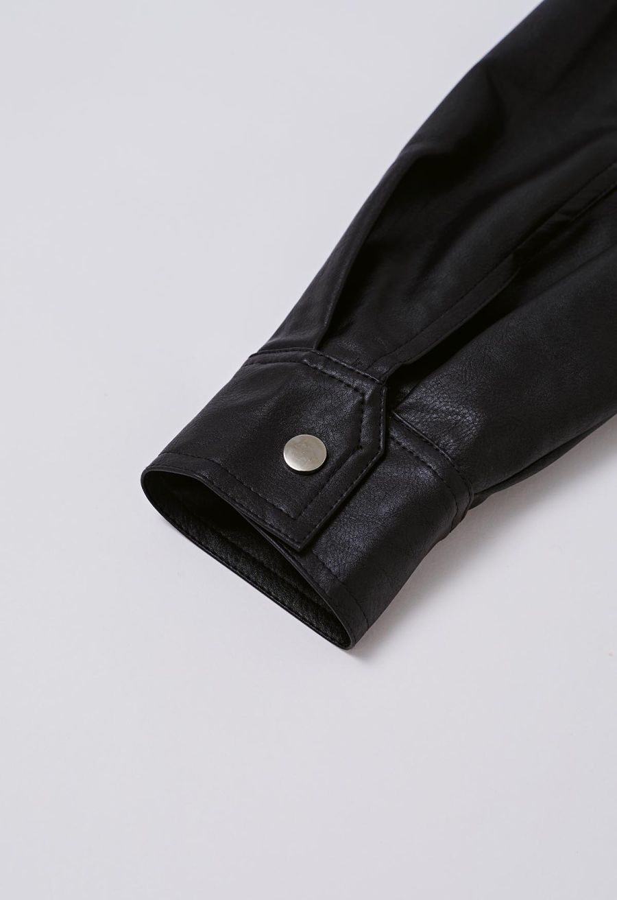 Fake Flap Pocket Faux Leather Jacket in Black