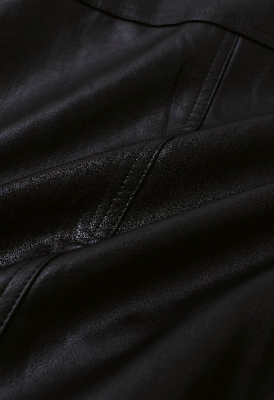 Fake Flap Pocket Faux Leather Jacket in Black