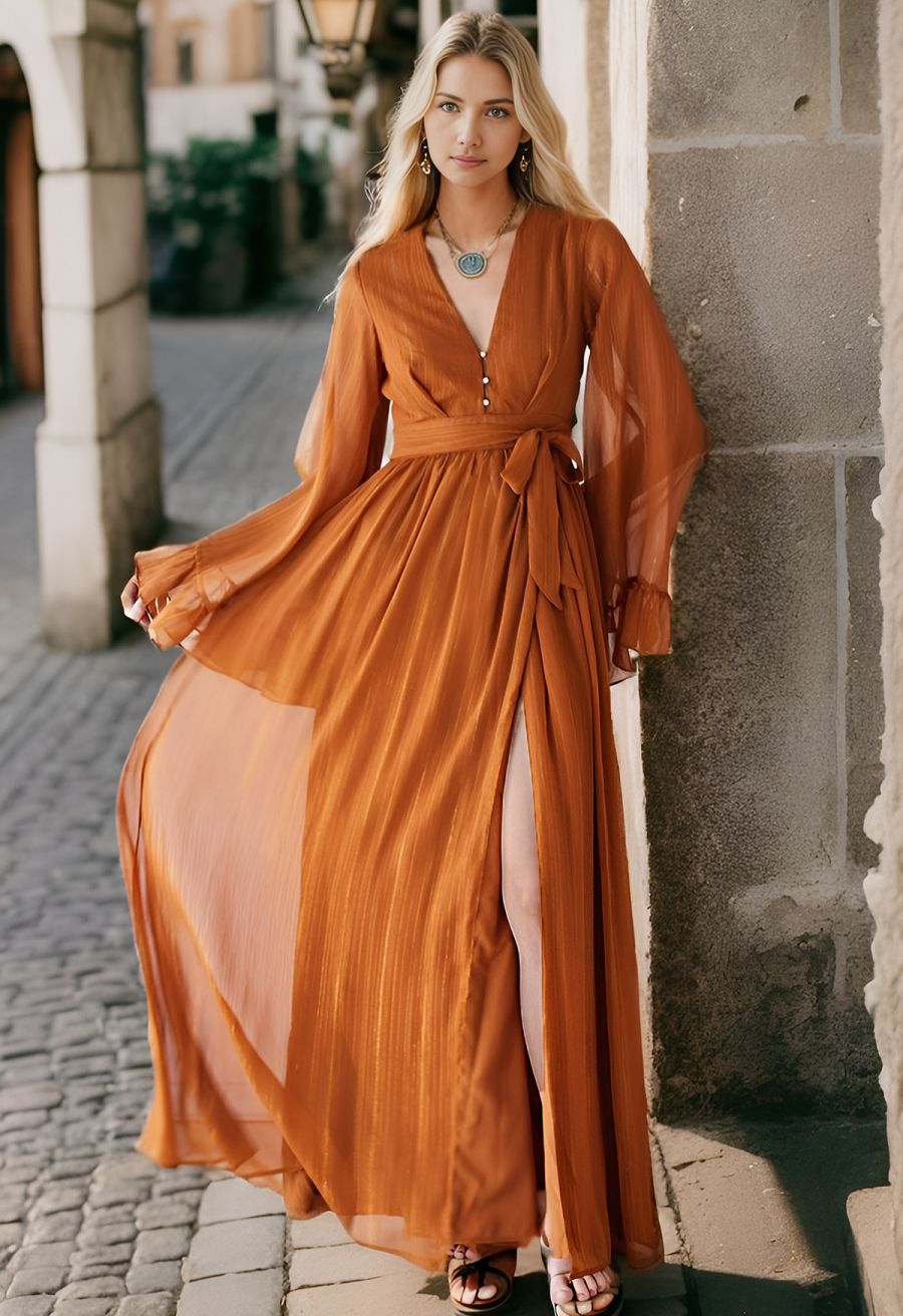 Metallic Shimmer Chiffon Ruffle Sleeve Maxi Dress in Rust