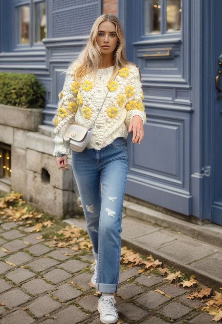 Yellow Stitch Flower Pom-Pom Knit Cardigan