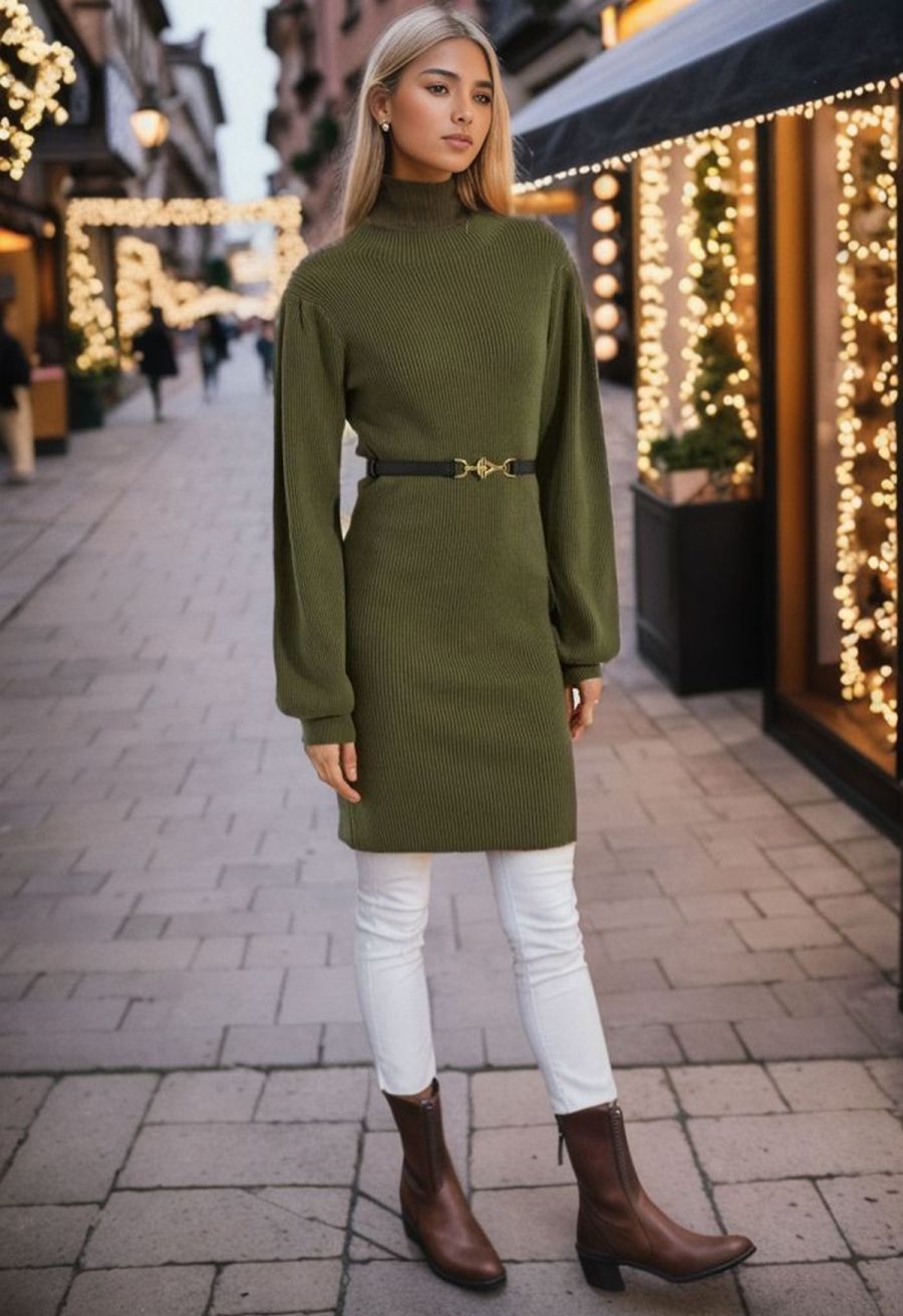 Lantern Sleeve Round Neck Ribbed Sweater Dress in Army Green