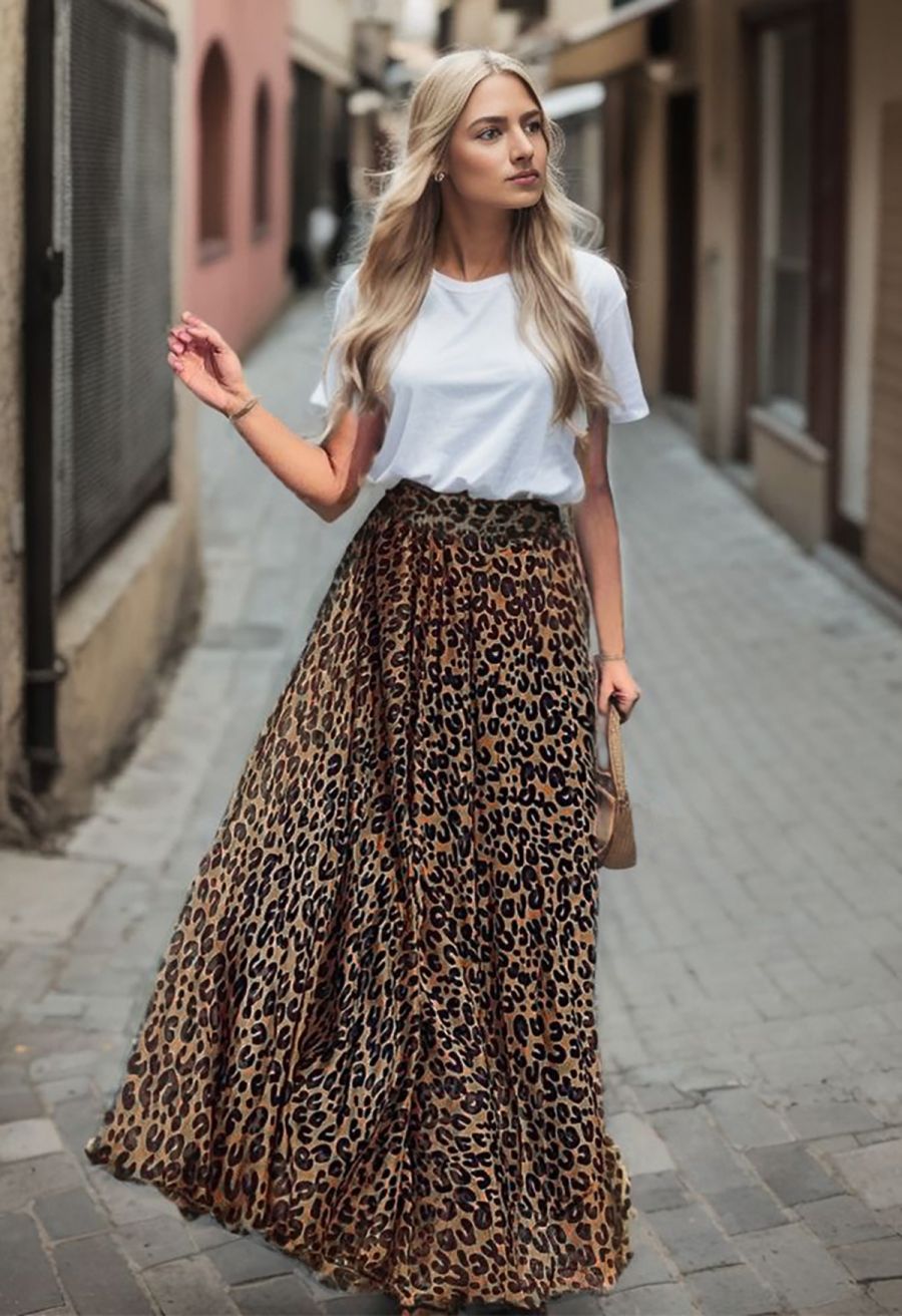 Leopard Watercolor Maxi Skirt in Brown