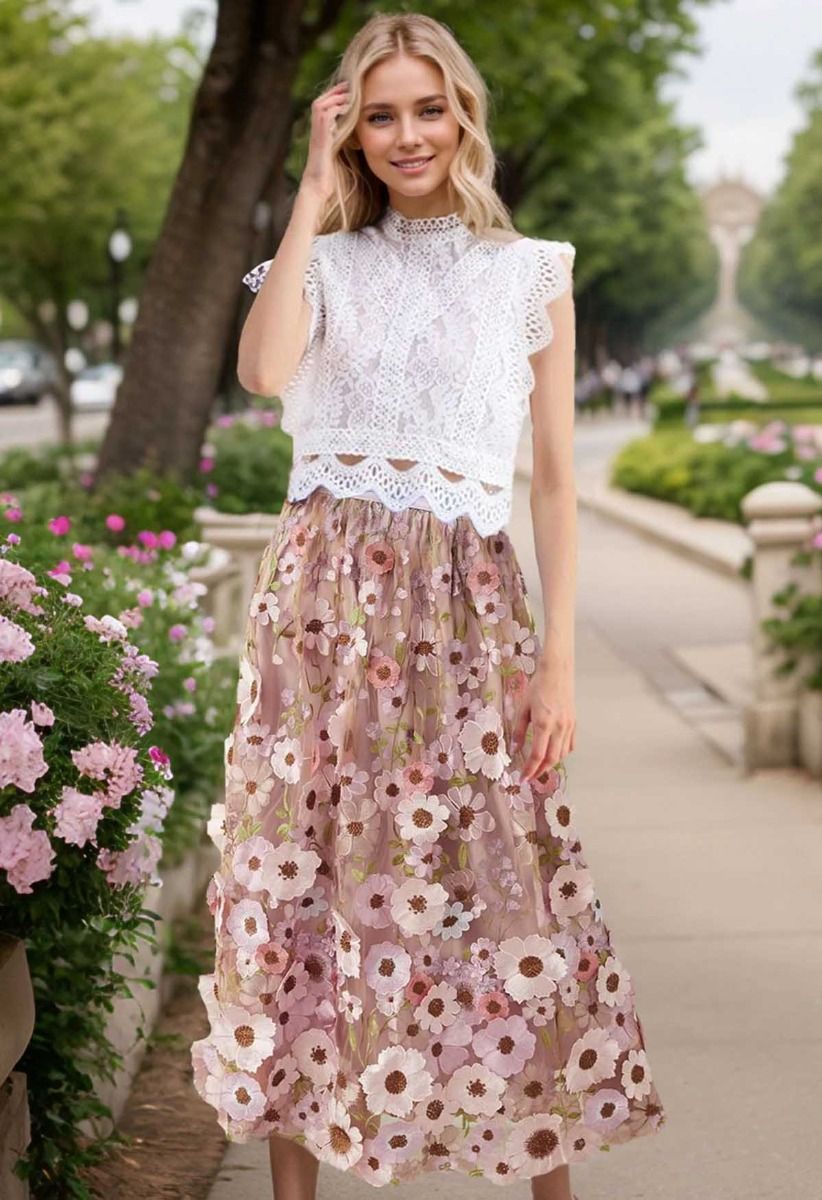3D Floral Applique Mesh Tulle Maxi Skirt in Dusty Pink