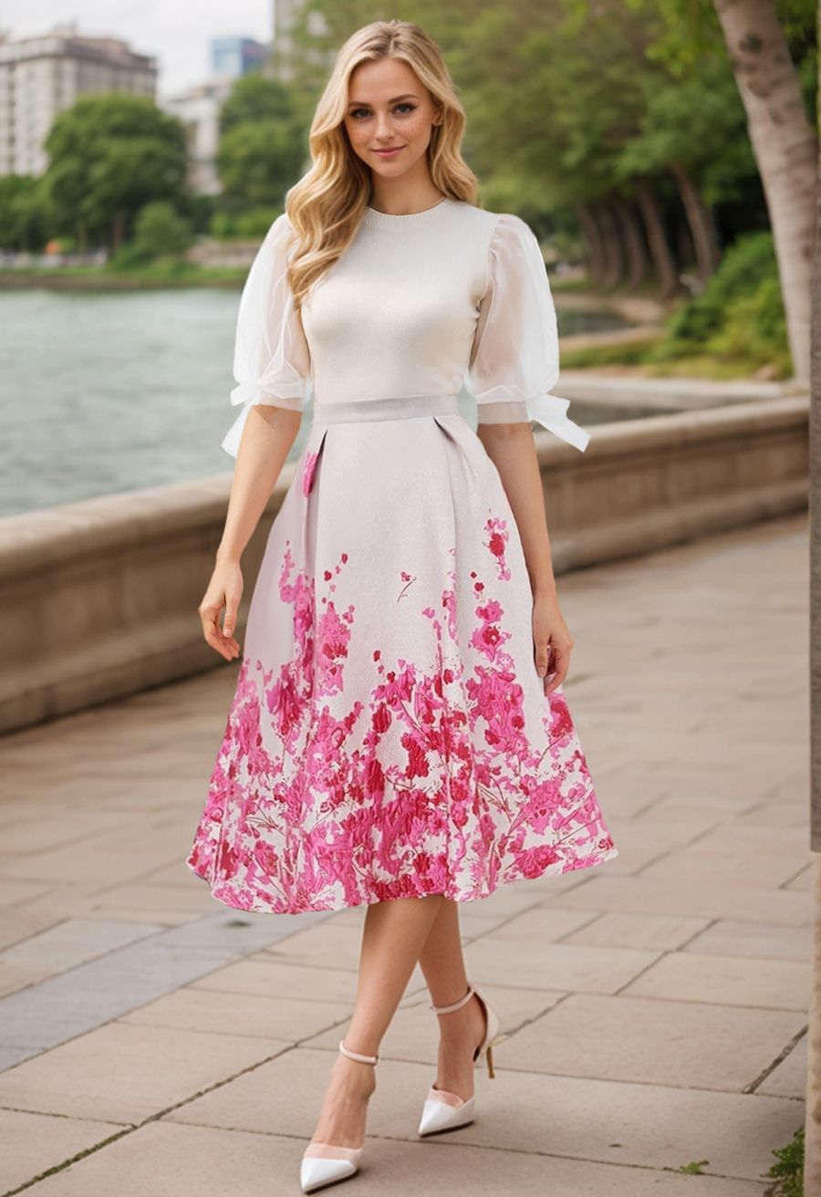 Organza Bubble Sleeves Knit Top in White