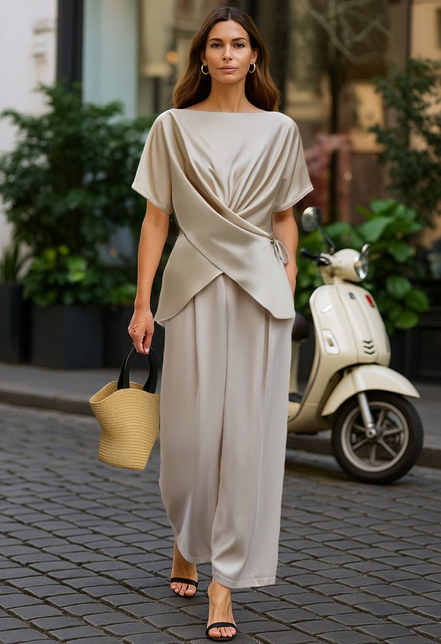 Short Sleeve Boat Neck Crisscross Waist Satin Top in Light Tan