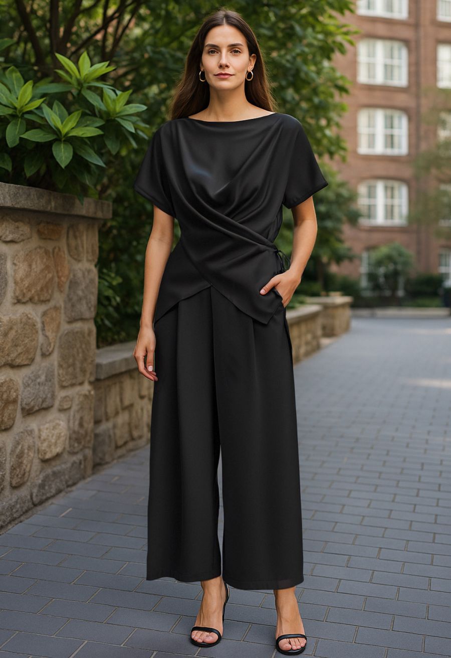 Short Sleeve Boat Neck Crisscross Waist Satin Top in Black
