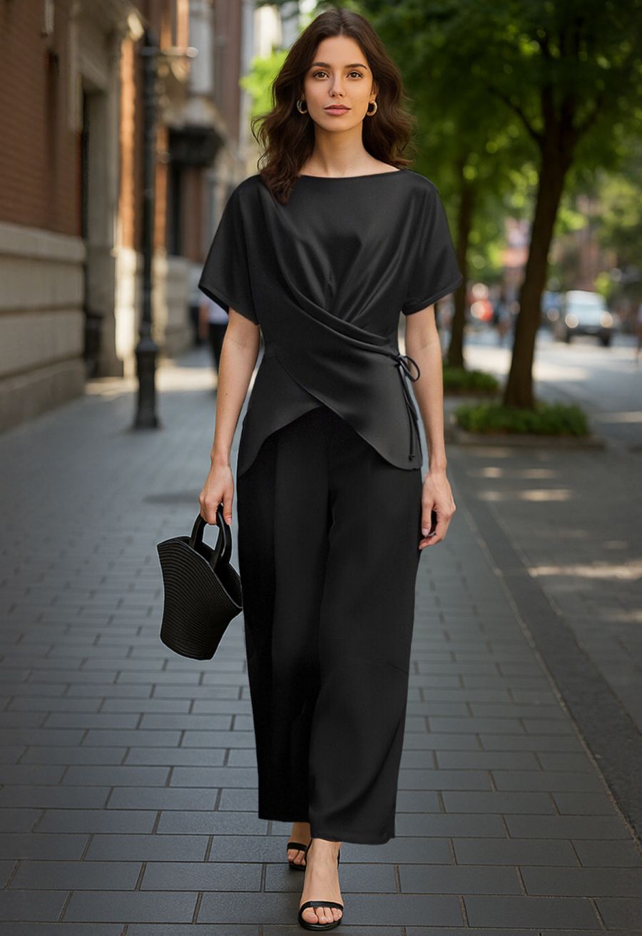 Short Sleeve Boat Neck Crisscross Waist Satin Top in Black