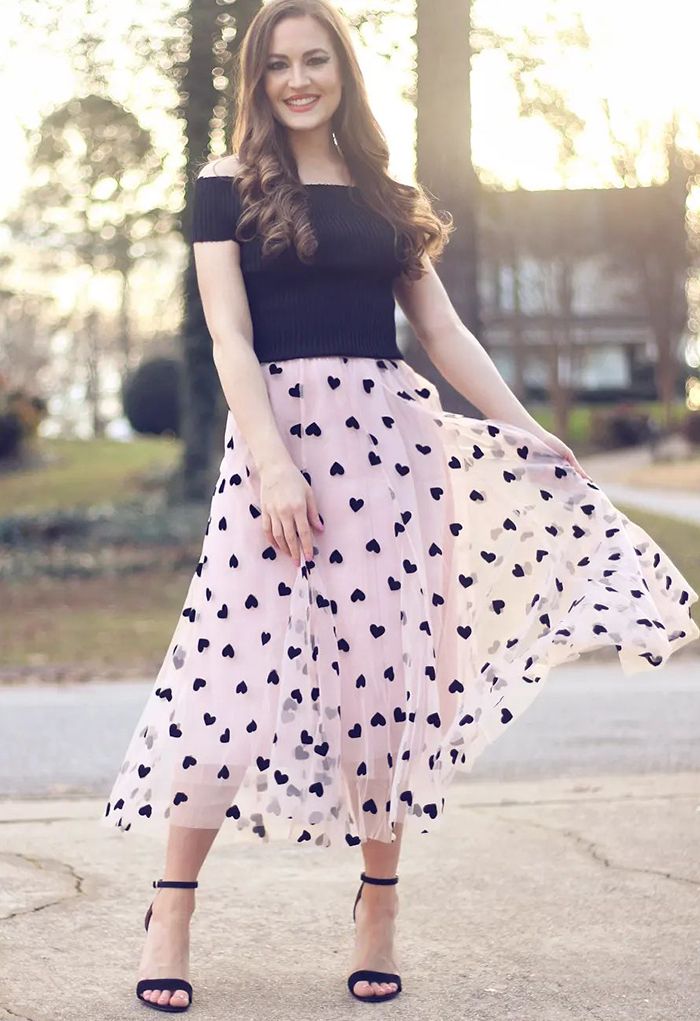 3D Heart Double-Layered Mesh Maxi Skirt in Blush Pink