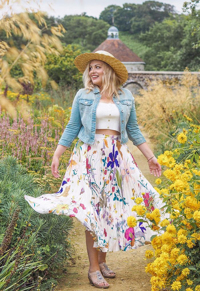 Tropical Floral Print Pleated Midi Skirt