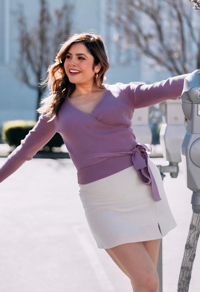 V-Neck Tie-Waist Wrap Knit Top in Lilac 