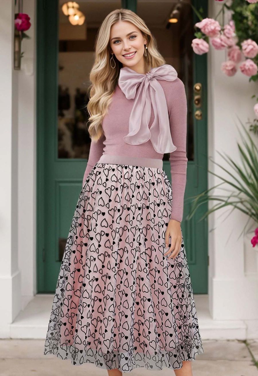 Endearing Velvet Heart Mesh Midi Skirt in Pink