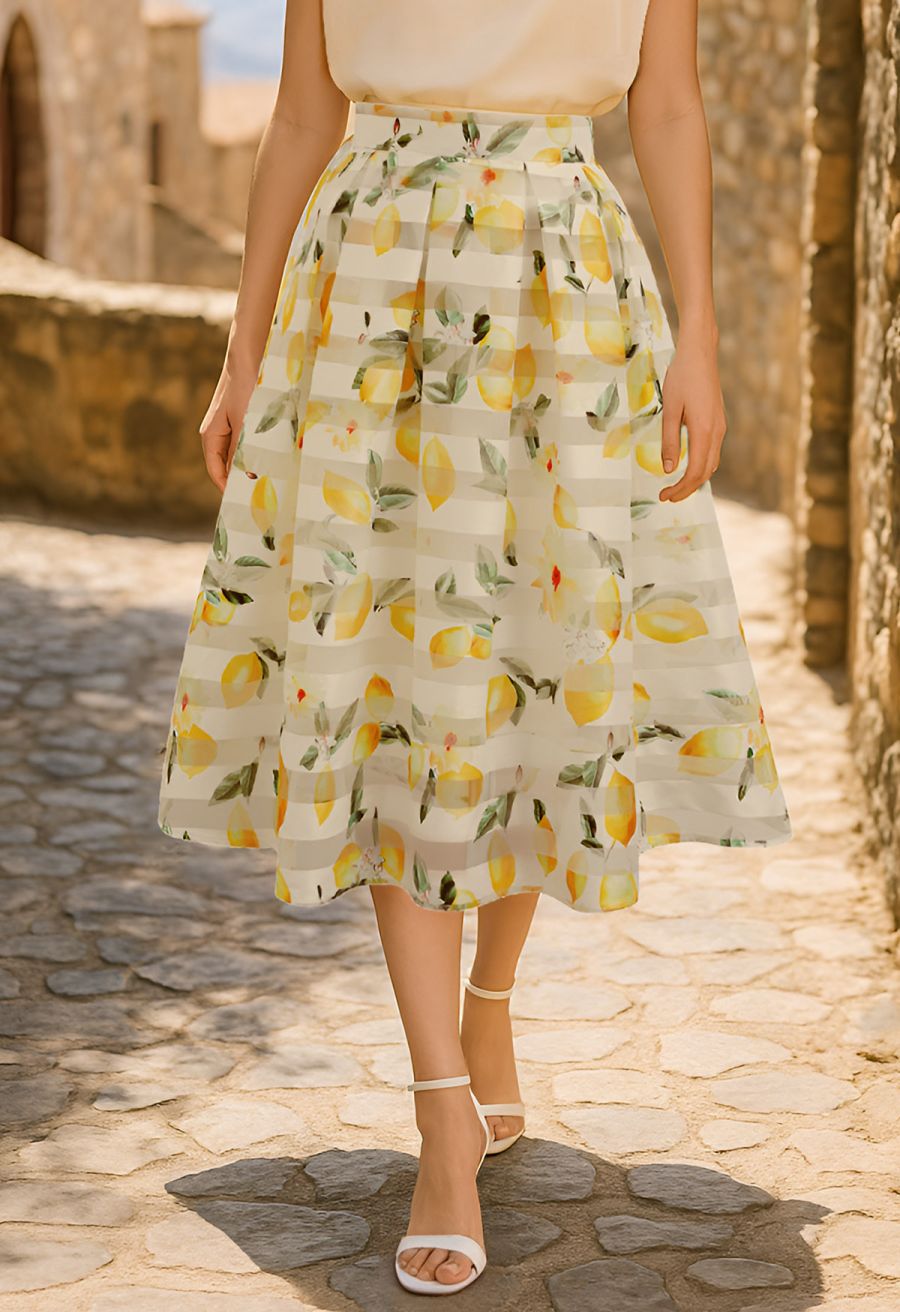 Lemon Printed Stripe Jacquard Organza Midi Skirt