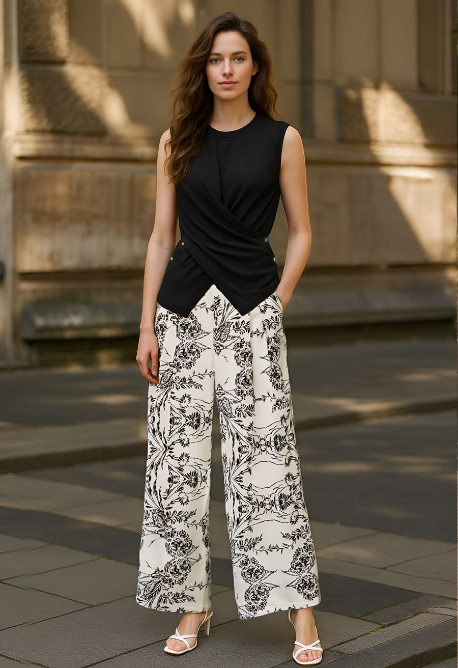 Botanical Sketch Print Wide Leg Pants