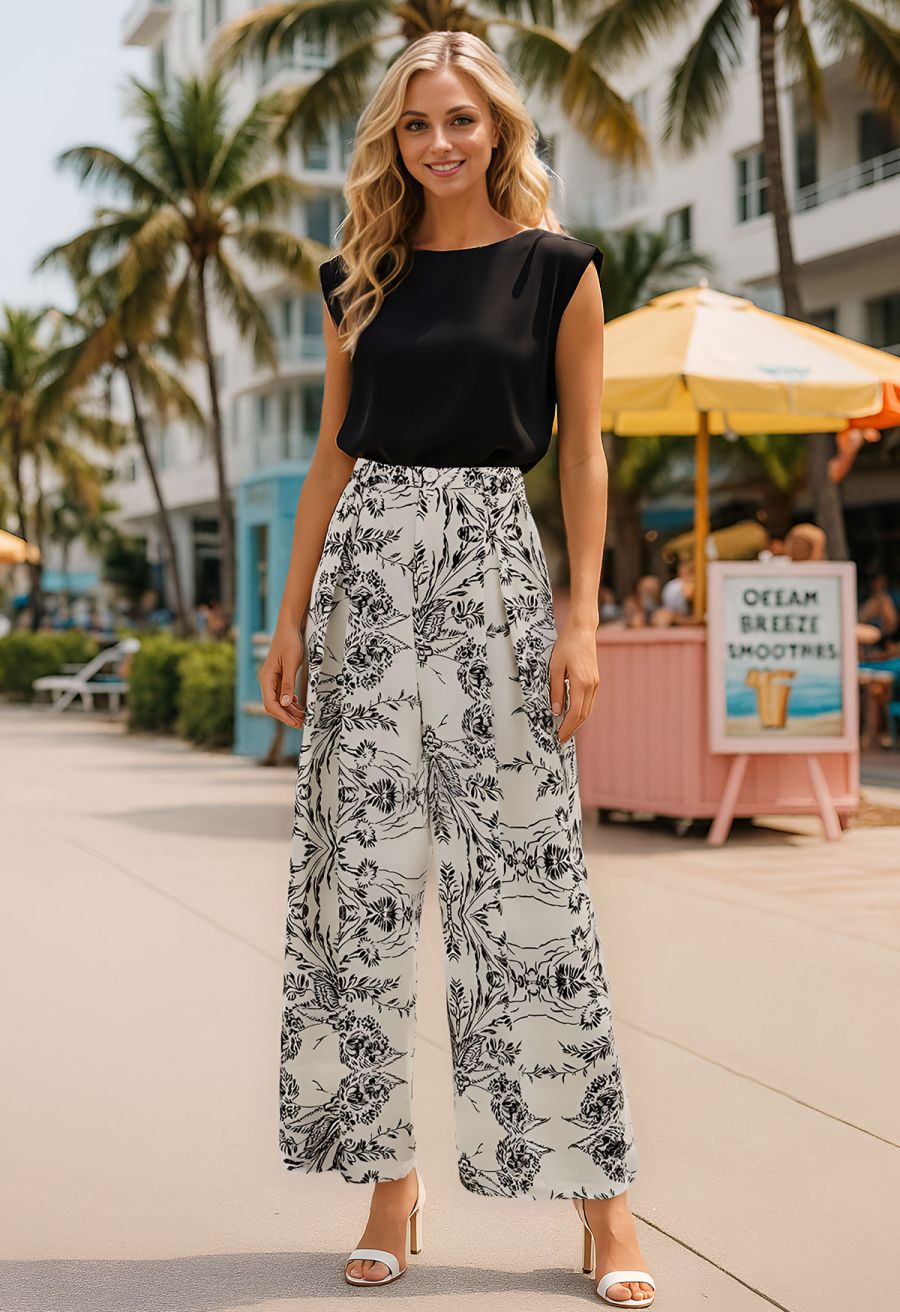 Botanical Sketch Print Wide Leg Pants