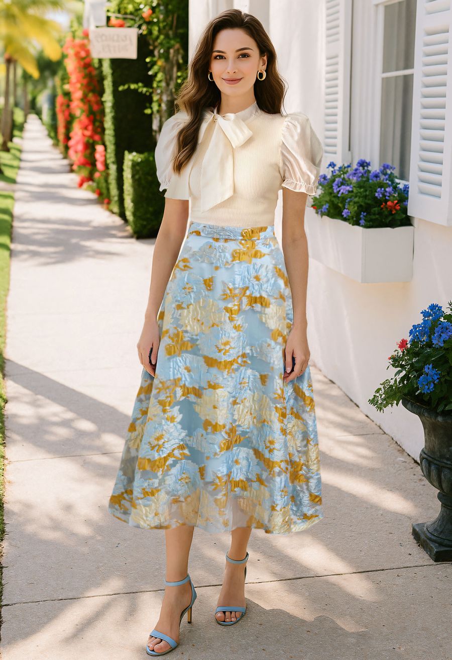 Ultra-Flattering Floral Jacquard A-Line Skirt in Blue