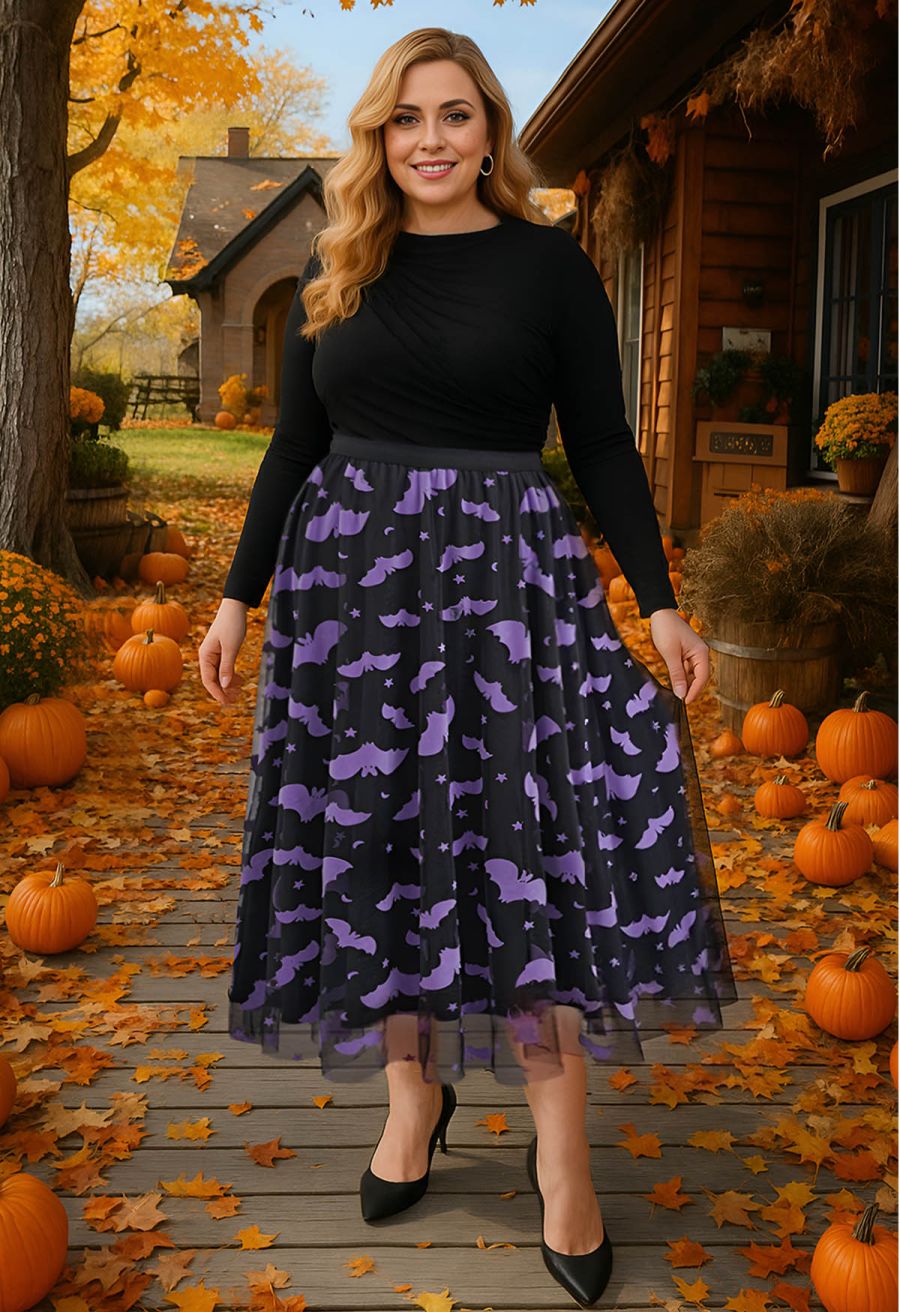 Velvet Bats Mesh Tulle Midi Skirt in Black Halloween Costumes