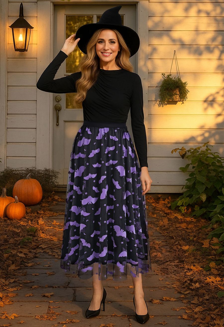 Velvet Bats Mesh Tulle Midi Skirt in Black Halloween Costumes