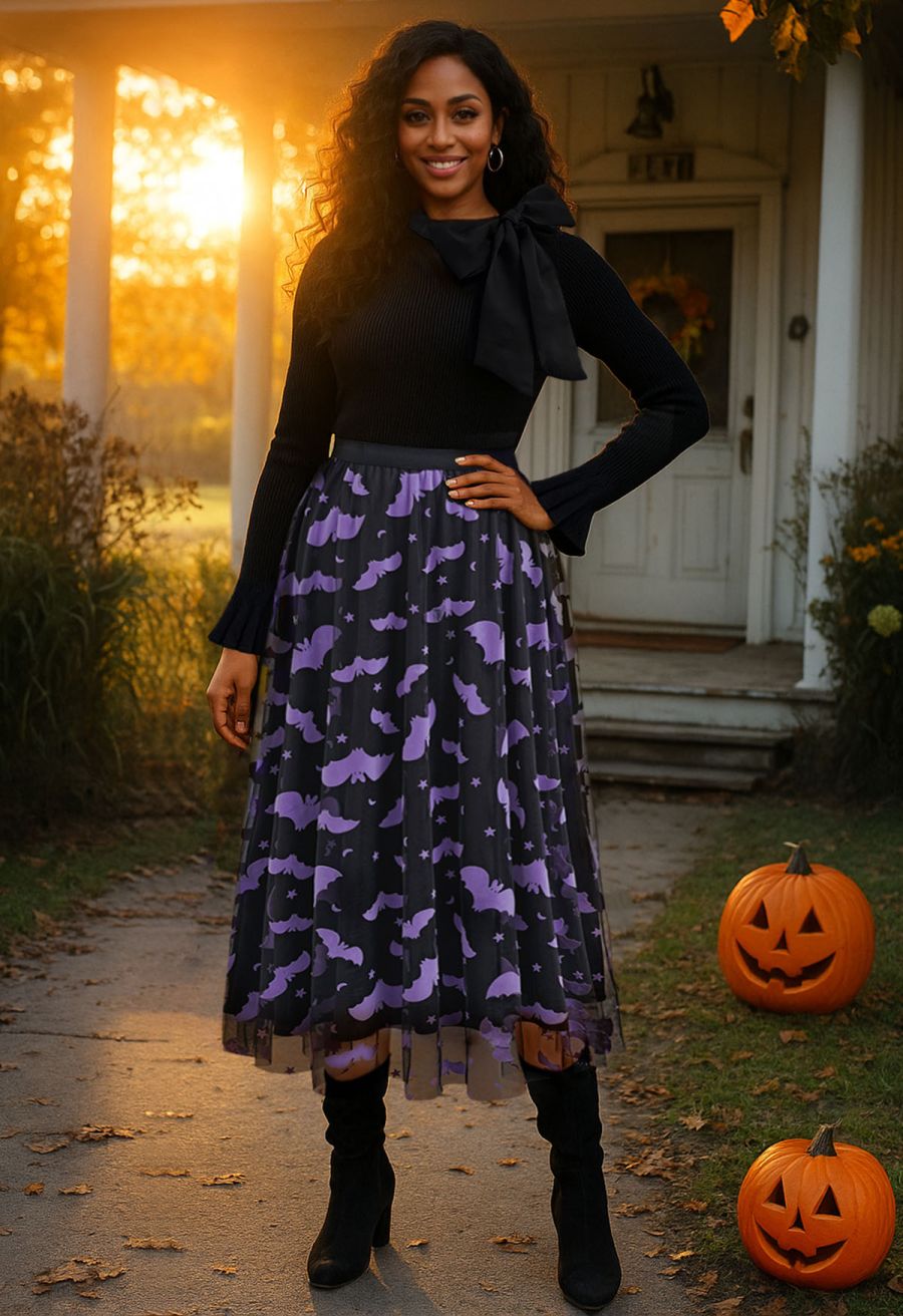 Velvet Bats Mesh Tulle Midi Skirt in Black Halloween Costumes