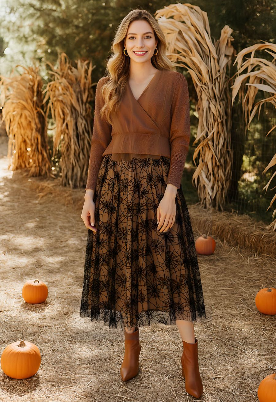 Cobweb Mystique Mesh Tulle Midi Skirt in Pumpkin Halloween Costumes