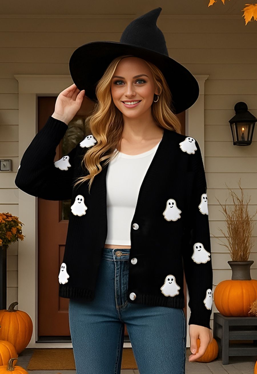 Halloween Ghost Patch Buttoned Knit Cardigan in Black Halloween Costumes