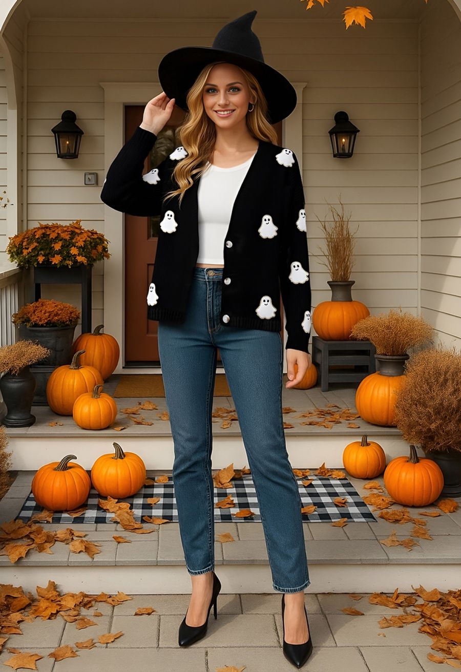 Halloween Ghost Patch Buttoned Knit Cardigan in Black Halloween Costumes