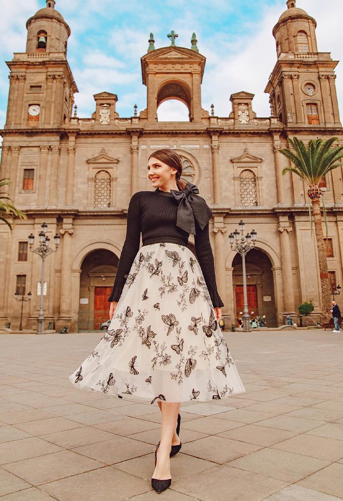 3D Butterfly Double-Layered Mesh Midi Skirt in Cream