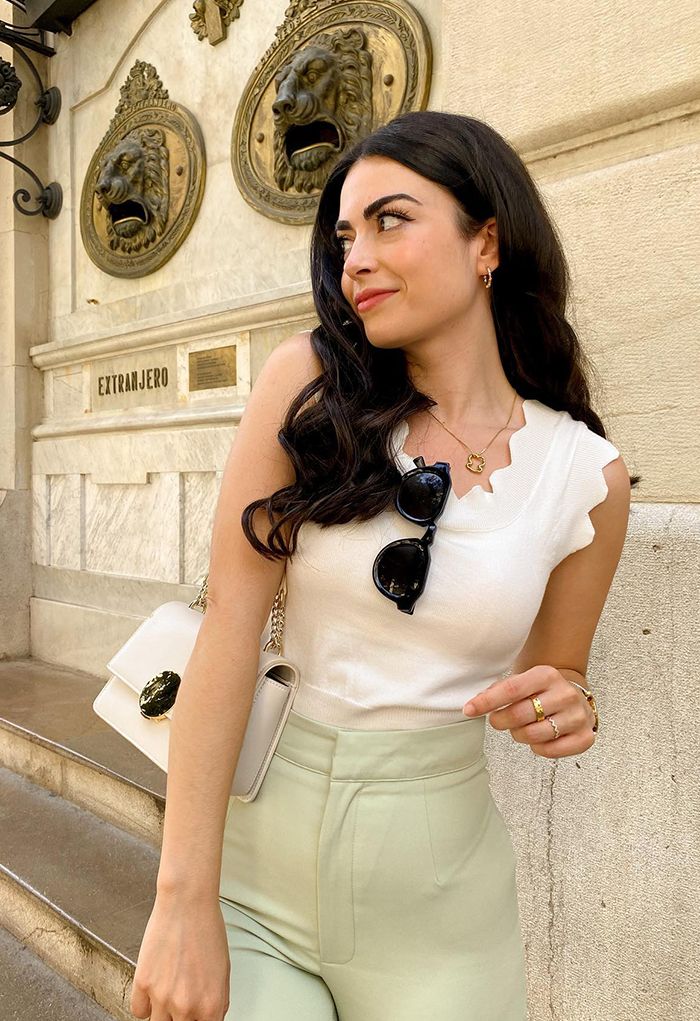 Scalloped Edge Knit Tank Top in White