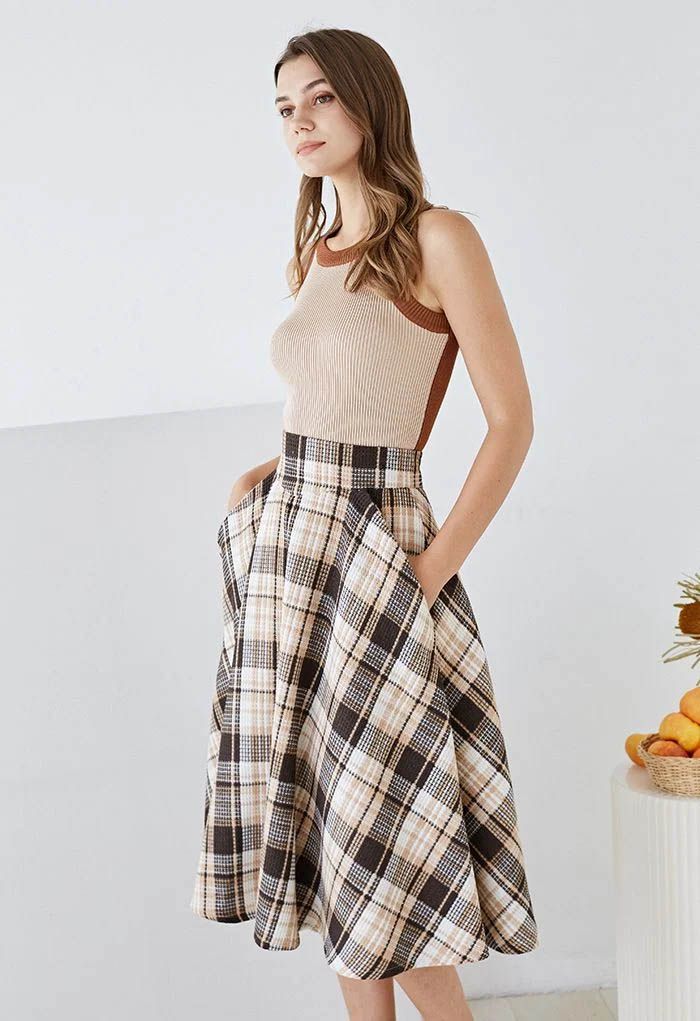 Plaid Tweed High-Waist A-Line Midi Skirt