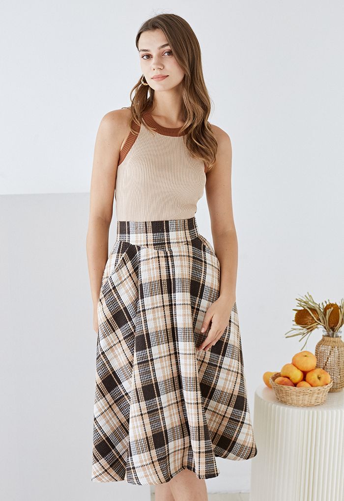 Plaid Tweed High-Waist A-Line Midi Skirt