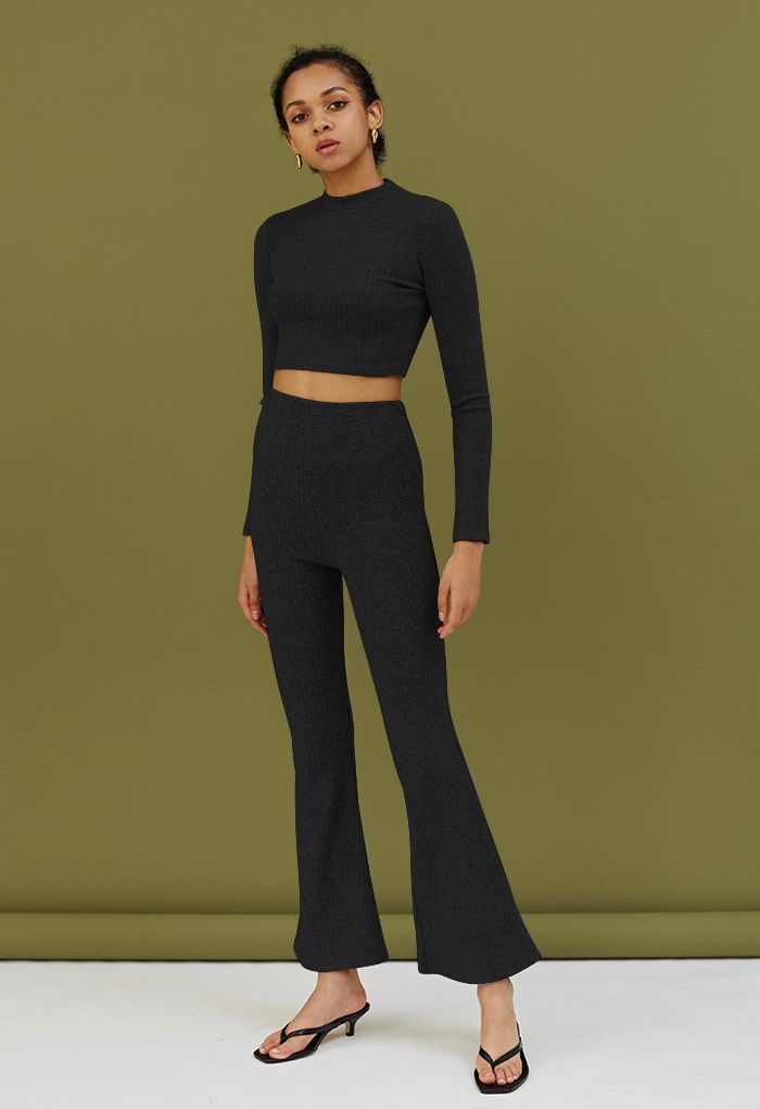 Trendy Soft Crop Top and Flare Pants Set in Black