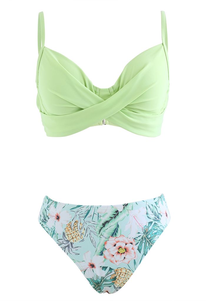 Fresh Floral Crisscross Front Bikini Cover-Up Set in Light Green