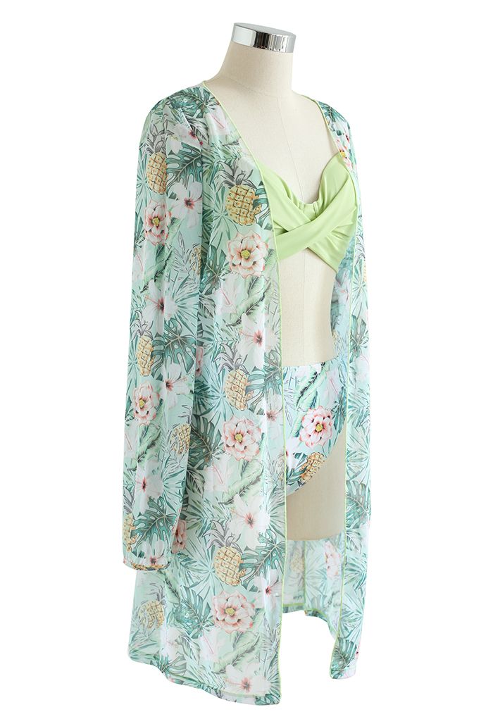 Fresh Floral Crisscross Front Bikini Cover-Up Set in Light Green